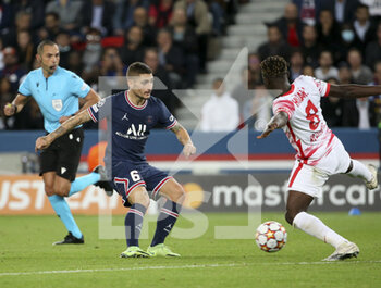 2021-10-19 - Marco Verratti of PSG, Amadou Haidara of RB Leipzig during the UEFA Champions League Group A football match between Paris Saint-Germain (PSG) and RB Leipzig on October 19, 2021 at Parc des Princes stadium in Paris, France - PARIS SAINT-GERMAIN VS RB LEIPZIG - UEFA CHAMPIONS LEAGUE - SOCCER