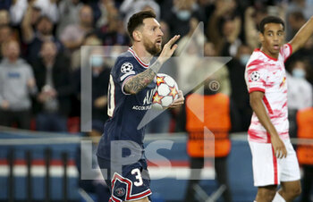 2021-10-19 - Lionel Messi of PSG celebrates his first goal during the UEFA Champions League Group A football match between Paris Saint-Germain (PSG) and RB Leipzig on October 19, 2021 at Parc des Princes stadium in Paris, France - PARIS SAINT-GERMAIN VS RB LEIPZIG - UEFA CHAMPIONS LEAGUE - SOCCER