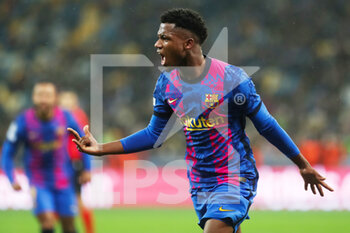 2021-11-02 - Ansu Fati of FC Barcelona celebrates after scoring his sides first goal during the UEFA Champions League, Group E football match between Dinamo Kiev and FC Barcelona on November 2, 2021 at the NSC Olimpiyskiy in Kiev, Ukraine - DINAMO KIEV VS FC BARCELONA - UEFA CHAMPIONS LEAGUE - SOCCER