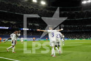2021-11-03 - Karim Benzema of Real Madrid celebrates a goal during the UEFA Champions League, Group D football match between Real Madrid and Shakhtar Donetsk on November 03, 2021 at Santiago Bernabeu stadium in Madrid, Spain - REAL MADRID VS SHAKHTAR DONETSK - UEFA CHAMPIONS LEAGUE - SOCCER