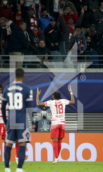 2021-11-03 - Christopher Nkunku of RB Leipzig celebrates his goal during the UEFA Champions League, Group A football match between RB Leipzig and Paris Saint-Germain (PSG) on November 3, 2021 at Red Bull Arena in Leipzig, Germany - RB LEIPZIG VS PARIS SAINT-GERMAIN - UEFA CHAMPIONS LEAGUE - SOCCER