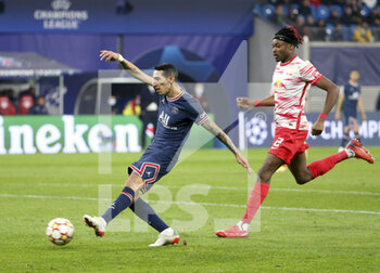 2021-11-03 - Angel Di Maria of PSG, Mohamed Simakan of RB Leipzig during the UEFA Champions League, Group A football match between RB Leipzig and Paris Saint-Germain (PSG) on November 3, 2021 at Red Bull Arena in Leipzig, Germany - RB LEIPZIG VS PARIS SAINT-GERMAIN - UEFA CHAMPIONS LEAGUE - SOCCER