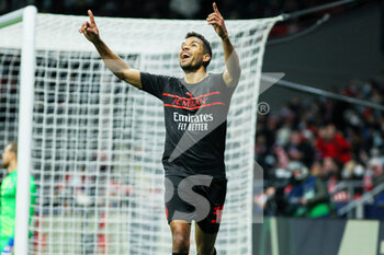 2021-11-24 - Junior Messias of Milan celebrates a goal 0-1 during the UEFA Champions League, Group B football match between Atletico de Madrid and AC Milan on November 24, 2021 at Wanda Metropolitano stadium in Madrid, Spain - ATLETICO DE MADRID VS AC MILAN - UEFA CHAMPIONS LEAGUE - SOCCER