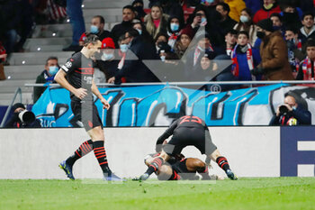 2021-11-24 - Junior Messias of Milan celebrates a goal 0-1 with teammates during the UEFA Champions League, Group B football match between Atletico de Madrid and AC Milan on November 24, 2021 at Wanda Metropolitano stadium in Madrid, Spain - ATLETICO DE MADRID VS AC MILAN - UEFA CHAMPIONS LEAGUE - SOCCER