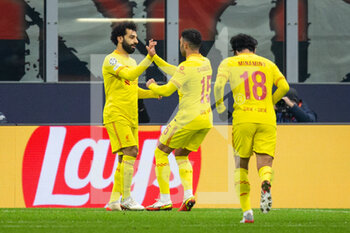 2021-12-07 - Liverpool forward Mohamed Salah (11) celebrates his goal with teammates 1-1 during the UEFA Champions League, Group B football match between AC Milan and Liverpool FC on December 7, 2021 at San Siro Stadium in Milan, Italy - AC MILAN VS LIVERPOOL FC - UEFA CHAMPIONS LEAGUE - SOCCER