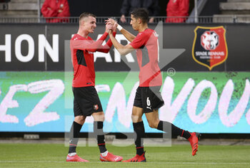 2021-08-19 - Nayef Aguerd of Rennes celebrates his goal with Benjamin Bourigeaud (left) during the UEFA Europa Conference League, Play-offs, 1st leg between Stade Rennais and Rosenborg BK on August, 19, 2021 at Roazhon Park in Rennes, France - Photo Jean Catuffe / DPPI - STADE RENNAIS VS ROSENBORG BK - UEFA CONFERENCE LEAGUE - SOCCER