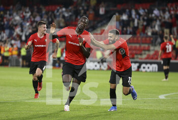 2021-08-19 - Serhou Guirassy of Rennes celebrates his goal with Romain Del Castillo during the UEFA Europa Conference League, Play-offs, 1st leg between Stade Rennais and Rosenborg BK on August, 19, 2021 at Roazhon Park in Rennes, France - Photo Jean Catuffe / DPPI - STADE RENNAIS VS ROSENBORG BK - UEFA CONFERENCE LEAGUE - SOCCER
