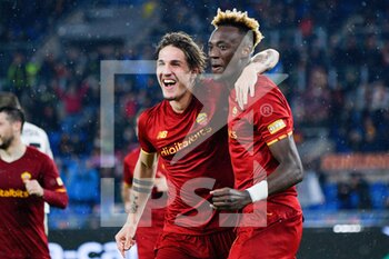 2021-11-25 - Nicolo' Zaniolo (AS Roma) Tammy Abraham (AS Roma) celebrates after scoring goal 3-0 during the UEFA Europa Conference League football match between AS Roma and  Zorya Luhansk  at The Olympic Stadium in Rome on November 25, 2021. - AS ROMA VS ZORYA LUHANSK - UEFA CONFERENCE LEAGUE - SOCCER