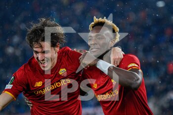 2021-11-25 - Nicolo' Zaniolo (AS Roma) Tammy Abraham (AS Roma) celebrates after scoring goal 3-0 during the UEFA Europa Conference League football match between AS Roma and  Zorya Luhansk  at The Olympic Stadium in Rome on November 25, 2021. - AS ROMA VS ZORYA LUHANSK - UEFA CONFERENCE LEAGUE - SOCCER
