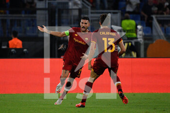 2021-09-16 - Lorenzo Pellegrini of AS Roma celebrates after scoring goal 1-1 during the UEFA Europa Conference League football match between AS Roma and CSKA Sofia at The Olympic Stadium in Rome on September 16, 2021 - AS ROMA VS CSKA SOFIA - UEFA CONFERENCE LEAGUE - SOCCER