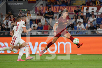 2021-09-16 - Riccardo Calafiori of AS Roma during the UEFA Europa Conference League football match between AS Roma and CSKA Sofia at The Olympic Stadium in Rome on September 16, 2021. (Photo by FABRIZIO CORRADETTI / LM) - AS ROMA VS CSKA SOFIA - UEFA CONFERENCE LEAGUE - SOCCER