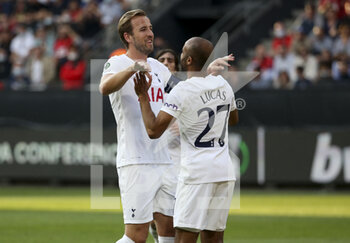 2021-09-16 - Harry Kane and Lucas Moura of Tottenham celebrate the goal for Tottenham (own goal of Loic Bade of Rennes) during the UEFA Europa Conference League, Group Stage, Group G football match between Stade Rennais and Tottenham Hotspur on September 16, 2021 at Roazhon Park stadium in Rennes, France - STADE RENNAIS VS TOTTENHAM HOTSPUR - UEFA CONFERENCE LEAGUE - SOCCER