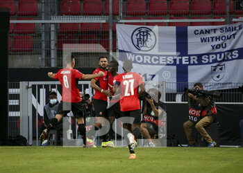 2021-09-16 - Gaetan Laborde of Rennes celebrates his goal with teammates during the UEFA Europa Conference League, Group Stage, Group G football match between Stade Rennais and Tottenham Hotspur on September 16, 2021 at Roazhon Park stadium in Rennes, France - STADE RENNAIS VS TOTTENHAM HOTSPUR - UEFA CONFERENCE LEAGUE - SOCCER