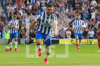 2021-08-21 - Neal Maupay (9) of Brighton & Hove Albion scores a goal and celebrates 2-0 during the English championship Premier League football match between Brighton and Hove Albion and Watford on August 21, 2021 at the American Express Community Stadium in Brighton and Hove, England - Photo Nigel Keene / ProSportsImages / DPPI - BRIGHTON AND HOVE ALBION VS WATFORD - ENGLISH PREMIER LEAGUE - SOCCER