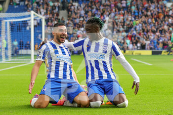 2021-08-21 - Neal Maupay (9) of Brighton & Hove Albion scores a goal and celebrates with Yves Bissouma 2-0 during the English championship Premier League football match between Brighton and Hove Albion and Watford on August 21, 2021 at the American Express Community Stadium in Brighton and Hove, England - Photo Nigel Keene / ProSportsImages / DPPI - BRIGHTON AND HOVE ALBION VS WATFORD - ENGLISH PREMIER LEAGUE - SOCCER