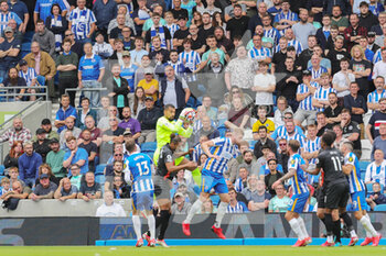 2021-08-28 - Brighton and Hove Albion goalkeeper Robert Sanchez (1) catches the ball from Everton striker Dominic Calvert Lewin (9) and Brighton and Hove Albion defender Adam Webster (4) during the English championship Premier League football match between Brighton and Hove Albion and Everton on August 28, 2021 at the American Express Community Stadium in Brighton and Hove, England - Photo Phil Duncan / ProSportsImages / DPPI - BRIGHTON AND HOVE ALBION VS EVERTON - ENGLISH PREMIER LEAGUE - SOCCER