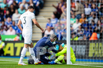 2021-09-11 - Manchester City goalkeeper Ederson (31) injured during the Premier League match between Leicester City and Manchester City at the King Power Stadium, Leicester, England on 11 September 2021 - LEICESTER CITY VS MANCHESTER CITY - ENGLISH PREMIER LEAGUE - SOCCER