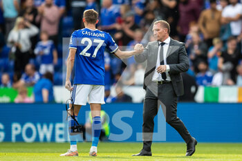 2021-09-11 - Leicester City Manager Brendan Rodgers commiserates with Leicester City defender Timothy Castagne (27) during the Premier League match between Leicester City and Manchester City at the King Power Stadium, Leicester, England on 11 September 2021 - LEICESTER CITY VS MANCHESTER CITY - ENGLISH PREMIER LEAGUE - SOCCER