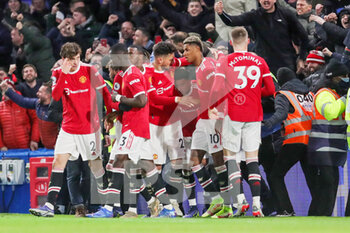 2021-11-29 - Manchester United Midfielder Jadon Sancho (25) celebrates after his goal 0-1 with teammates during the English championship Premier League football match between Chelsea and Manchester United on November 28, 2021 at Stamford Bridge in London, England - CHELSEA VS MANCHESTER UNITED - ENGLISH PREMIER LEAGUE - SOCCER