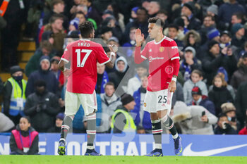 2021-11-29 - Manchester United Midfielder Jadon Sancho (25) celebrates after his goal 0-1 with Fred during the English championship Premier League football match between Chelsea and Manchester United on November 28, 2021 at Stamford Bridge in London, England - CHELSEA VS MANCHESTER UNITED - ENGLISH PREMIER LEAGUE - SOCCER