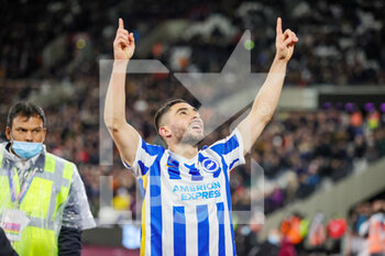 2021-12-01 - Neal Maupay (9) of Brighton & Hove Albion celebrates the 1-1 goal during the English championship Premier League football match between West Ham United and Brighton and Hove Albion on December 1, 2021 at the London Stadium in London, England - WEST HAM UNITED VS BRIGHTON AND HOVE ALBION - ENGLISH PREMIER LEAGUE - SOCCER