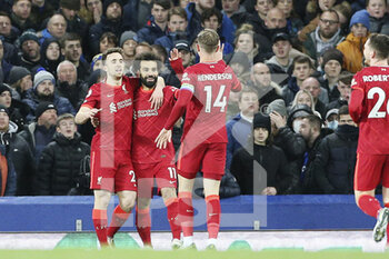 2021-12-01 - Liverpool forward Mohamed Salah (11) celebrates his goal 0-2 with teammates during the English championship Premier League football match between Everton and Liverpool on December 1, 2021 at Goodison Park in Liverpool, England - EVERTON VS LIVERPOOL - ENGLISH PREMIER LEAGUE - SOCCER