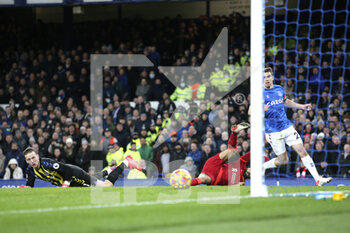 2021-12-01 - Liverpool forward Mohamed Salah (11) scores a goal 1-3 during the English championship Premier League football match between Everton and Liverpool on December 1, 2021 at Goodison Park in Liverpool, England - EVERTON VS LIVERPOOL - ENGLISH PREMIER LEAGUE - SOCCER