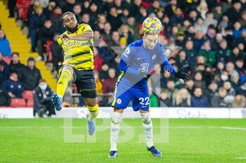 2021-12-01 - Chelsea midfielder Hakim Ziyech (22) heads at goal during the English championship Premier League football match between Watford and Chelsea on December 1, 2021 at Vicarage Road in Watford, England - WATFORD VS CHELSEA - ENGLISH PREMIER LEAGUE - SOCCER