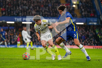 2021-12-11 - Leeds United forward Daniel James and Marcos Alonso of Chelsea during the English championship Premier League football match between Chelsea and Leeds United on December 11, 2021 at Stamford Bridge in London, England - CHELSEA VS LEEDS UNITED - ENGLISH PREMIER LEAGUE - SOCCER