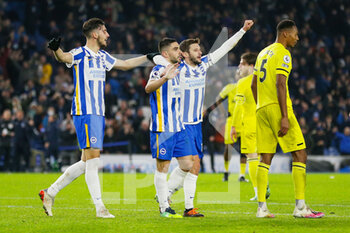 2021-12-27 - Brighton and Hove Albion forward Neal Maupay (9) celebrates his goal 2-0 with Jakub Moder, Adam Lallana (14) during the English championship Premier League football match between Brighton and Hove Albion and Brentford on December 26, 2021 at the American Express Community Stadium in Brighton and Hove, England - BRIGHTON AND HOVE ALBION VS BRENTFORD - ENGLISH PREMIER LEAGUE - SOCCER
