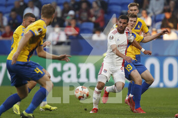 2021-09-30 - Houssem AOUAR of Lyon and Morten FRENDRUP of Brondby during the UEFA Europa League, Group A football match between Olympique Lyonnais and Brondby IF on September 30, 2021 at Groupama stadium in Decines-Charpieu near Lyon, France - OLYMPIQUE LYONNAIS VS BRONDBY IF - UEFA EUROPA LEAGUE - SOCCER