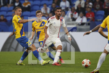 2021-09-30 - Houssem AOUAR of Lyon and Josip RADOSEVIC of Brondby and Morten FRENDRUP of Brondby during the UEFA Europa League, Group A football match between Olympique Lyonnais and Brondby IF on September 30, 2021 at Groupama stadium in Decines-Charpieu near Lyon, France - OLYMPIQUE LYONNAIS VS BRONDBY IF - UEFA EUROPA LEAGUE - SOCCER