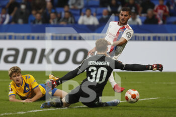 2021-09-30 - Houssem AOUAR of Lyon and Mads HERMANSEN of Brondby and Henrik HEGGHEIM of Brondby during the UEFA Europa League, Group A football match between Olympique Lyonnais and Brondby IF on September 30, 2021 at Groupama stadium in Decines-Charpieu near Lyon, France - OLYMPIQUE LYONNAIS VS BRONDBY IF - UEFA EUROPA LEAGUE - SOCCER