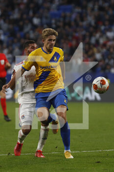 2021-09-30 - Henrik HEGGHEIM of Brondby and Houssem AOUAR of Lyon during the UEFA Europa League, Group A football match between Olympique Lyonnais and Brondby IF on September 30, 2021 at Groupama stadium in Decines-Charpieu near Lyon, France - OLYMPIQUE LYONNAIS VS BRONDBY IF - UEFA EUROPA LEAGUE - SOCCER