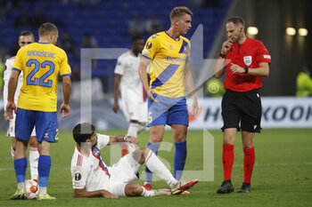 2021-09-30 - Referee Harald LECHNER and Lucas PAQUETA of Lyon and Andreas MAXSO of Brondby during the UEFA Europa League, Group A football match between Olympique Lyonnais and Brondby IF on September 30, 2021 at Groupama stadium in Decines-Charpieu near Lyon, France - OLYMPIQUE LYONNAIS VS BRONDBY IF - UEFA EUROPA LEAGUE - SOCCER