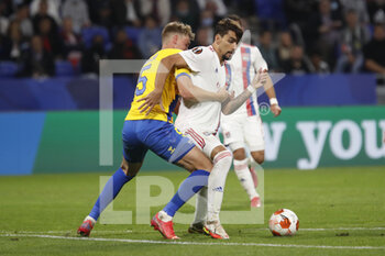 2021-09-30 - Lucas PAQUETA of Lyon and Andreas MAXSO of Brondby during the UEFA Europa League, Group A football match between Olympique Lyonnais and Brondby IF on September 30, 2021 at Groupama stadium in Decines-Charpieu near Lyon, France - OLYMPIQUE LYONNAIS VS BRONDBY IF - UEFA EUROPA LEAGUE - SOCCER
