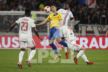 2021-09-30 - Andrija PAVIOVIC of Brondby and Sinaly DIOMANDE of Lyon during the UEFA Europa League, Group A football match between Olympique Lyonnais and Brondby IF on September 30, 2021 at Groupama stadium in Decines-Charpieu near Lyon, France - OLYMPIQUE LYONNAIS VS BRONDBY IF - UEFA EUROPA LEAGUE - SOCCER