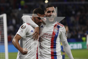 2021-09-30 - Houssem AOUAR of Lyon celebrate the goal and Rayan CHERKI of Lyon during the UEFA Europa League, Group A football match between Olympique Lyonnais and Brondby IF on September 30, 2021 at Groupama stadium in Decines-Charpieu near Lyon, France - OLYMPIQUE LYONNAIS VS BRONDBY IF - UEFA EUROPA LEAGUE - SOCCER