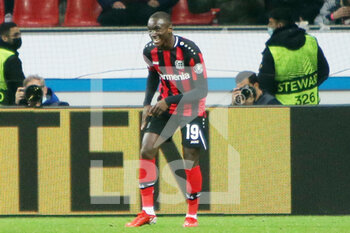 2021-11-04 - Moussa Diaby of Bayer Leverkusen celebrates after scoring a goal during the UEFA Europa League, Group G football match between Bayer Leverkusen and Real Betis Balompie on November 4, 2021 at BayArena in Leverkusen, Germany - BAYER LEVERKUSEN VS REAL BETIS BALOMPIE - UEFA EUROPA LEAGUE - SOCCER
