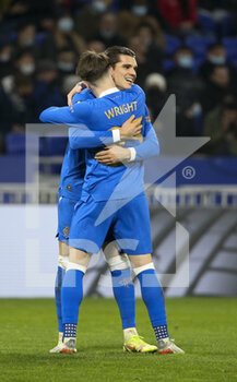 2021-12-09 - Scott Wright of Glasgow Rangers celebrates his goal with Ianis Hagi during the UEFA Europa League, Group A football match between Olympique Lyonnais (Lyon) and Rangers FC on December 9, 2021 at Groupama stadium in Decines-Charpieu near Lyon, France - OLYMPIQUE LYONNAIS (LYON) VS RANGERS FC - UEFA EUROPA LEAGUE - SOCCER