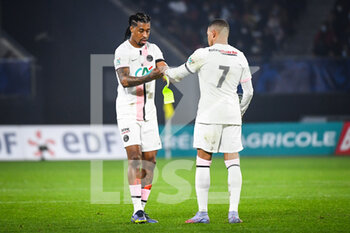2021-12-19 - Presnel KIMPEMBE of PSG and Kylian MBAPPE of PSG during the French Cup round of 32 football match between Feignies Aulnoy and Paris Saint-Germain (PSG) on December 19, 2021 at Stade du Hainaut in Valenciennes, France - FEIGNIES AULNOY VS PARIS SAINT-GERMAIN (PSG) - FRENCH CUP - SOCCER