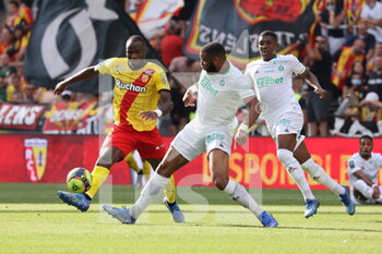2021-08-15 - Duel Ganago 9 Lens and Moukoudi 2 Saint-Etienne during the French championship Ligue 1 football match between RC Lens and AS Saint-Etienne on August 15, 2021 at Bollaert-Delelis stadium in Lens, France - Photo Laurent Sanson / LS Medianord / DPPI - RC LENS VS AS SAINT-ETIENNE - FRENCH LIGUE 1 - SOCCER
