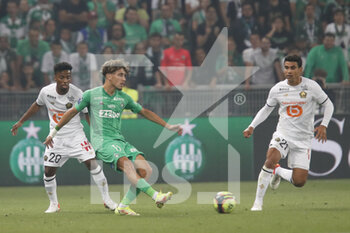 2021-08-21 - Adil AOUCHICHE of Saint Etienne and Adilson GOMES of Lille and Benjamin ANDRE of Lille during the French championship Ligue 1 football match between AS Saint-Etienne and LOSC Lille on August 21, 2021 at Geoffroy-Guichard stadium in Saint-Etienne, France - Photo Romain Biard / Isports / DPPI - AS SAINT-ETIENNE (ASSE) VS LILLE OSC (LOSC) - FRENCH LIGUE 1 - SOCCER