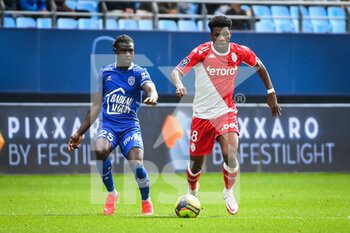2021-08-29 - Mama BALDE of ESTAC Troyes and Aurelien TCHOUAMENI of Monaco during the French championship Ligue 1 football match between ESTAC Troyes and AS Monaco on August 29, 2021 at Stade de L'Aube in Troyes, France - Photo Matthieu Mirville / DPPI - ESTAC TROYES VS AS MONACO - FRENCH LIGUE 1 - SOCCER