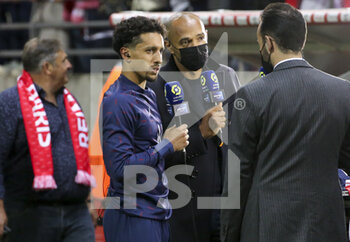 2021-08-29 - Marquinhos of PSG is interviewed by Thierry Henry, pundit for Amazon Prime Video following the French championship Ligue 1 football match between Stade de Reims and Paris Saint-Germain on August 29, 2021 at Auguste Delaune stadium in Reims, France - Photo Jean Catuffe / DPPI - STADE DE REIMS VS PARIS SAINT-GERMAIN - FRENCH LIGUE 1 - SOCCER