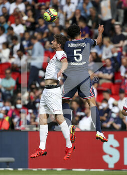 2021-09-11 - Pierre-Yves Hamel of Clermont, Marquinhos of PSG during the French championship Ligue 1 football match between Paris Saint-Germain (PSG) and Clermont Foot 63 on September 11, 2021 at Parc des Princes stadium in Paris, France - PARIS SAINT-GERMAIN VS CLERMONT FOOT 63 - FRENCH LIGUE 1 - SOCCER