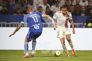 2021-09-12 - Malo GUSTO of Lyon and Dimitri LIENARD of Strasbourg during the French championship Ligue 1 football match between Olympique lyonnais and Racing Club de Strasbourg Alsace on September 12, 2021 at Groupama Stadium in Décines-Charpieu, near Lyon, France - OLYMPIQUE LYONNAIS VS RACING CLUB DE STRASBOURG ALSACE - FRENCH LIGUE 1 - SOCCER