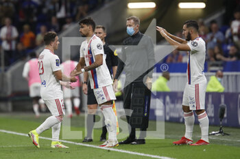 2021-09-12 - Lucas PAQUETA of Lyon and Xherdan SHAQIRI of Lyon and Rayan CHERKI of Lyon during the French championship Ligue 1 football match between Olympique lyonnais and Racing Club de Strasbourg Alsace on September 12, 2021 at Groupama Stadium in Décines-Charpieu, near Lyon, France - OLYMPIQUE LYONNAIS VS RACING CLUB DE STRASBOURG ALSACE - FRENCH LIGUE 1 - SOCCER