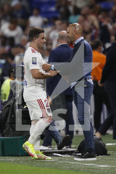 2021-09-12 - Xherdan SHAQIRI of Lyon and Peter BOSZ coach of Lyon during the French championship Ligue 1 football match between Olympique lyonnais and Racing Club de Strasbourg Alsace on September 12, 2021 at Groupama Stadium in Décines-Charpieu, near Lyon, France - OLYMPIQUE LYONNAIS VS RACING CLUB DE STRASBOURG ALSACE - FRENCH LIGUE 1 - SOCCER