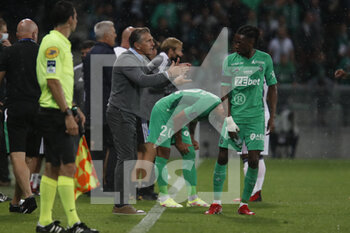 2021-09-18 - Claude PUEL coach of Saint Etienne and Yvan NEYOU NOUPA of Saint Etienne during the French championship Ligue 1 football match between AS Saint-Etienne and FC Girondins de Bordeaux on September 18, 2021 at Geoffroy-Guichard stadium in Saint-Etienne, France - AS SAINT-ETIENNE VS FC GIRONDINS DE BORDEAUX - FRENCH LIGUE 1 - SOCCER